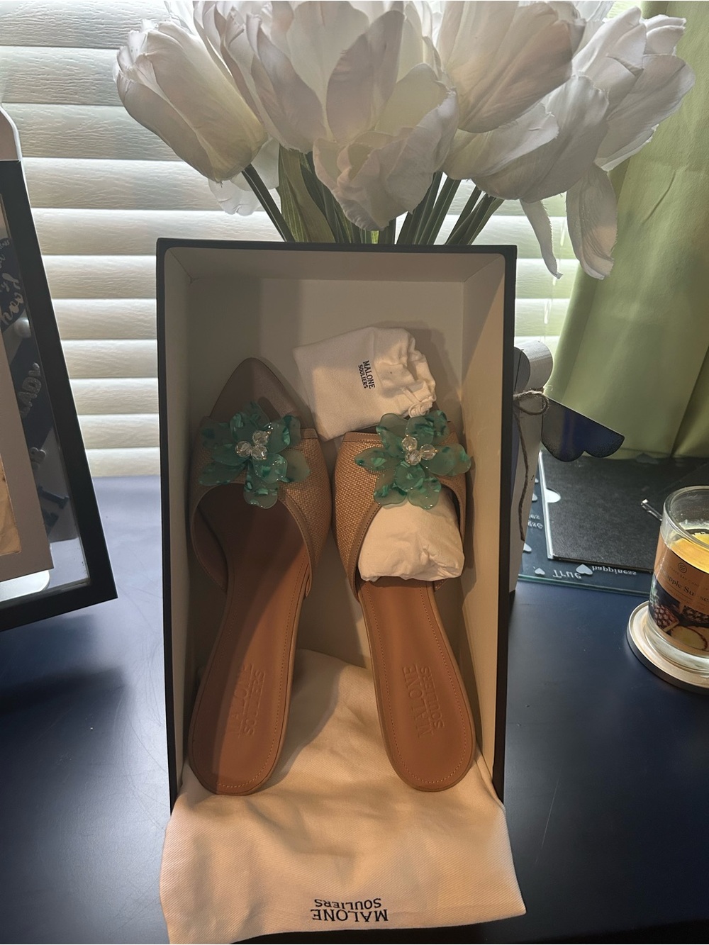 Malone Souliers Tan Slides with Green Crystal Floral Embellishments. Size 41